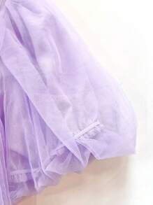 青少年女孩泡泡袖網紗覆蓋洋裝 - 紫色 - 查看 6