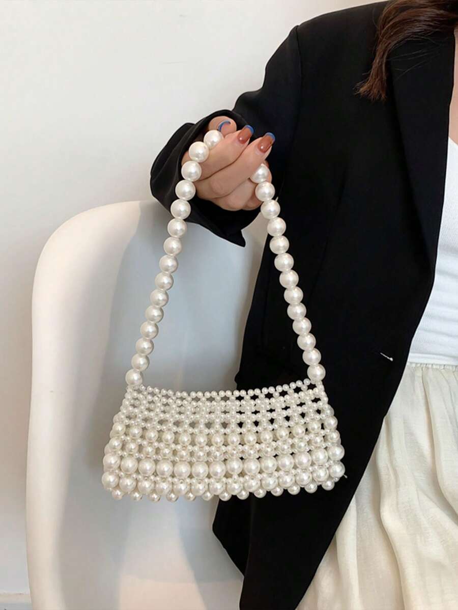 Argyle Princess Faux Pearl & Rhinestone Beaded Pearl Bag Faux Pearl Beaded Shoulder Bag For Party, Wedding, Prom and Dinner, Lipsticks, Women's Pearl Bag - White - View 1