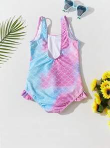 嬰兒女孩魚鱗印花荷葉邊單片泳衣 - 彩色 - 查看 2