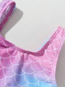 嬰兒女孩魚鱗印花荷葉邊單片泳衣 - 彩色 - 查看 4