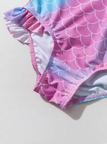 嬰兒女孩魚鱗印花荷葉邊單片泳衣 - 彩色 - 查看 6