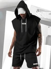 Manfinity LEGND 男士字母圖形束口連帽寬鬆背心和短褲 - 黑色 - 查看 1