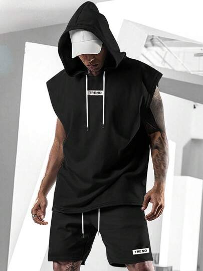 T-shirt Sans Manches Et Shorts À Capuche Oversize, Lettre Graphique Pour Homme Avec Cordon De Serrage