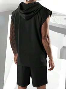 Manfinity LEGND 男士字母圖形束口連帽寬鬆背心和短褲 - 黑色 - 查看 2