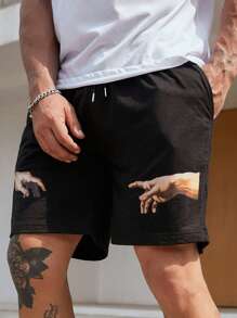 Manfinity Hypemode 男士手掌圖案腰部抽繩短褲 - 黑色 - 查看 3