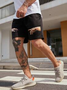 Manfinity Hypemode 男士手掌圖案腰部抽繩短褲 - 黑色 - 查看 5