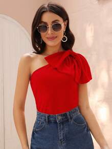 SHEIN Privé One Shoulder Bow Detail Solid Top - Red - View 6