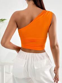 SHEIN EZwear One Shoulder Ruched Side Crop Top - Orange - View 2