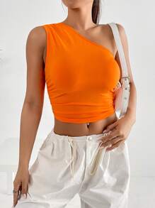 SHEIN EZwear One Shoulder Ruched Side Crop Top - Orange - View 3