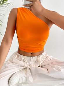 SHEIN EZwear One Shoulder Ruched Side Crop Top - Orange - View 5