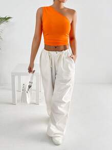 SHEIN EZwear One Shoulder Ruched Side Crop Top - Orange - View 6