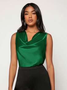 SHEIN Privé 素色垂領緞面上衣 - 綠色 - 查看 1
