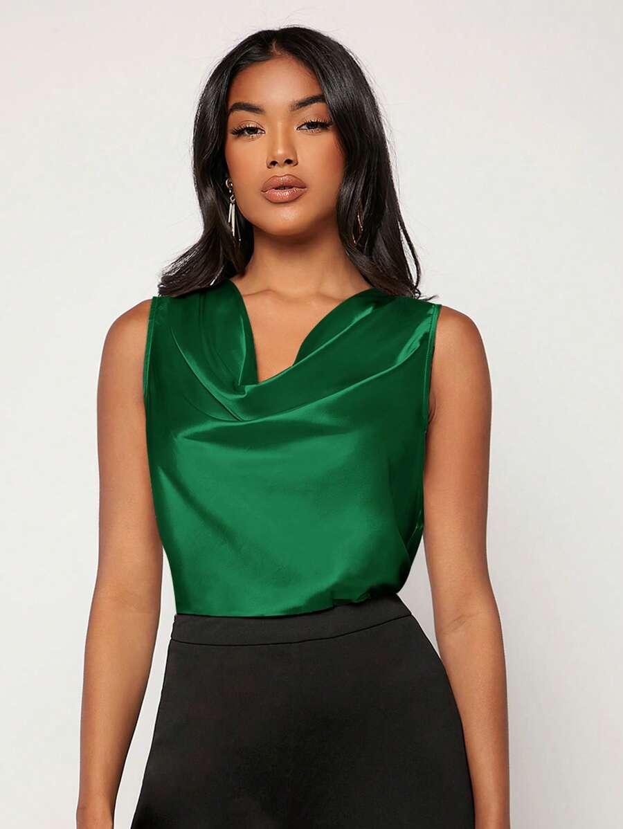 SHEIN Privé 素色垂領緞面上衣 - 綠色 - 查看 1