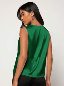 SHEIN Privé 素色垂領緞面上衣 - 綠色 - 查看 2