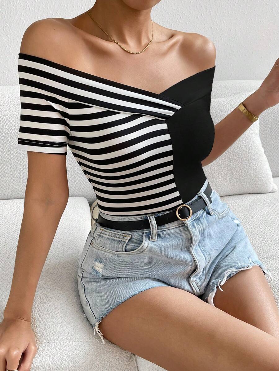 SHEIN Privé Áo thun nữ Trọn gói Sọc Giải trí - màu đen - Xem 1