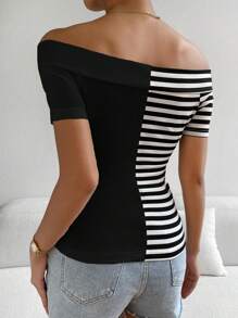 SHEIN Privé Áo thun nữ Trọn gói Sọc Giải trí - màu đen - Xem 2