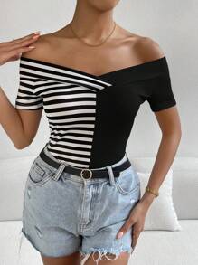 SHEIN Privé Áo thun nữ Trọn gói Sọc Giải trí - màu đen - Xem 3