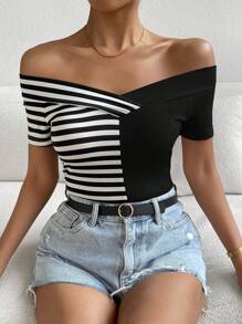 SHEIN Privé Áo thun nữ Trọn gói Sọc Giải trí - màu đen - Xem 4
