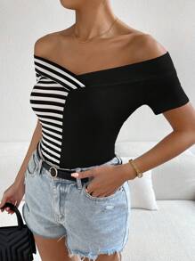 SHEIN Privé Áo thun nữ Trọn gói Sọc Giải trí - màu đen - Xem 5