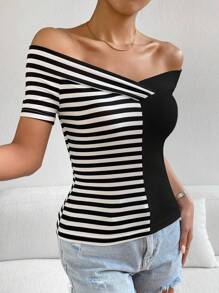 SHEIN Privé Áo thun nữ Trọn gói Sọc Giải trí - màu đen - Xem 6