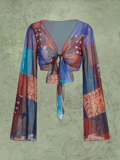 Patchwork Print Tie Front Mesh Top