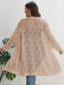 SHEIN LUNE 大碼網眼針織落肩袖開襟開衫 - 卡其色 - 查看 2