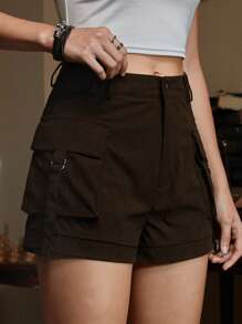 ROMWE Academia 纯色翻盖口袋灯芯绒工装短裤，学校 - 巧克力棕 - 查看 3