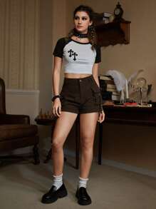 ROMWE Academia 纯色翻盖口袋灯芯绒工装短裤，学校 - 巧克力棕 - 查看 4