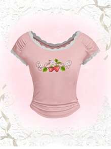 ROMWE Kawaii Strawberry Print Contrast Lace Tee, School - Baby Pink - View 1