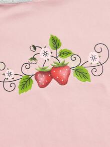 ROMWE Kawaii Strawberry Print Contrast Lace Tee, School - Baby Pink - View 3