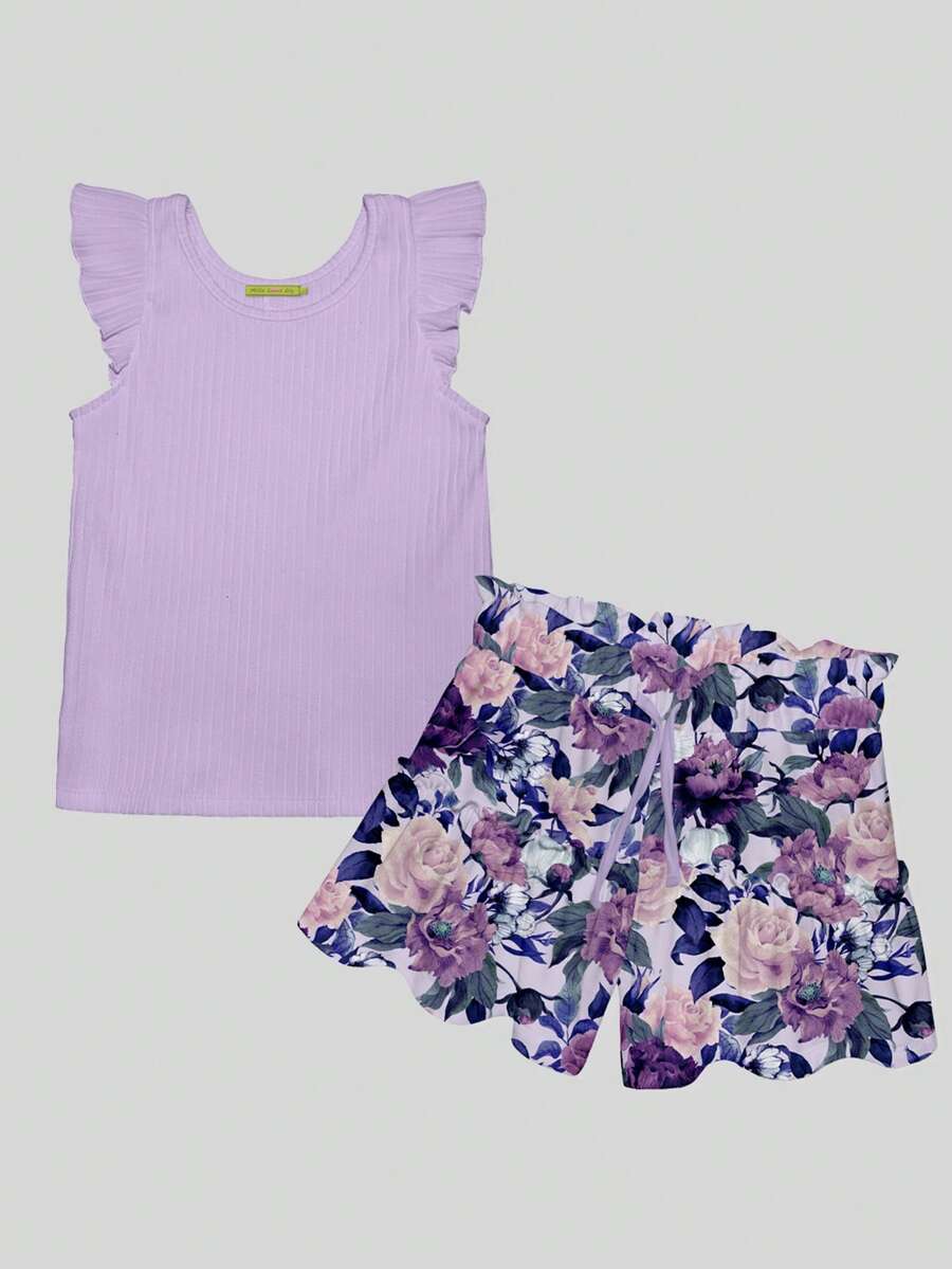 Bộ thời trang bé gái Xù Gân đan Quần paper-bag Hoa Boho - Nhiều màu - Xem 1