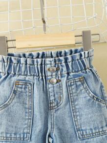 嬰兒木耳褶皺邊腰口袋貼布紐扣細節牛仔褲 - 淺色水洗藍 - 查看 3