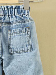 嬰兒木耳褶皺邊腰口袋貼布紐扣細節牛仔褲 - 淺色水洗藍 - 查看 6