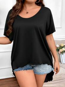 SHEIN LUNE Áo thun Plus size Cao thấp màu trơn Giải trí - màu đen - Xem 4