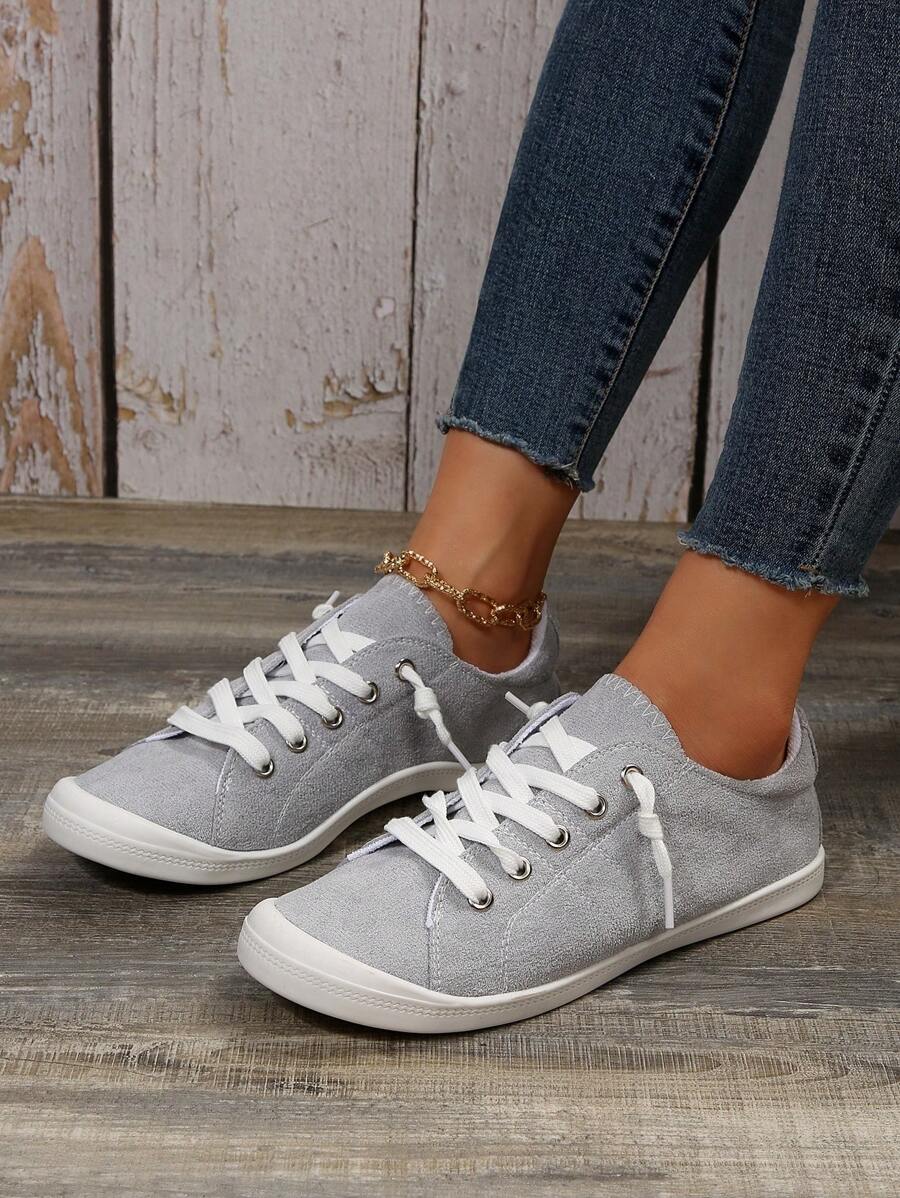 女時尚柔軟舒適經典戶外休閒運動鞋，圓頭、繫帶閉合和平底 - 灰色 - 查看 1
