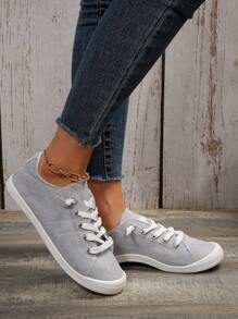 女時尚柔軟舒適經典戶外休閒運動鞋，圓頭、繫帶閉合和平底 - 灰色 - 查看 2