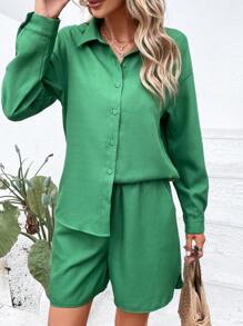 SHEIN Essnce 素色前紐扣襯衫和短褲和吊帶上衣 - 綠色 - 查看 3