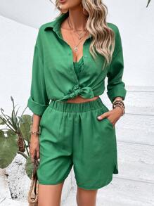 SHEIN Essnce 素色前紐扣襯衫和短褲和吊帶上衣 - 綠色 - 查看 5