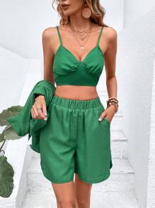 SHEIN Essnce 素色前紐扣襯衫和短褲和吊帶上衣 - 綠色 - 查看 6