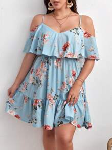 SHEIN VCAY Plus Floral Print Cold Shoulder Ruffle Hem Summer Boho Dress,Beach Dress Sundress,Holiday Outfits - Baby Blue - View 1