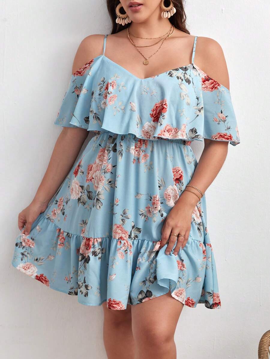 SHEIN VCAY Plus Floral Print Cold Shoulder Ruffle Hem Summer Boho Dress,Beach Dress Sundress,Holiday Outfits - Baby Blue - View 1