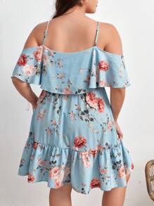 SHEIN VCAY Plus Floral Print Cold Shoulder Ruffle Hem Summer Boho Dress,Beach Dress Sundress,Holiday Outfits - Baby Blue - View 2