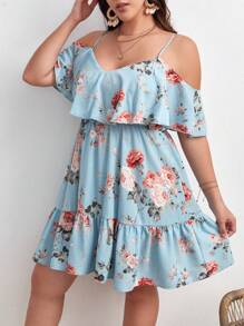 SHEIN VCAY Plus Floral Print Cold Shoulder Ruffle Hem Summer Boho Dress,Beach Dress Sundress,Holiday Outfits - Baby Blue - View 3