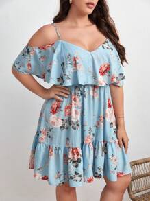 SHEIN VCAY Plus Floral Print Cold Shoulder Ruffle Hem Summer Boho Dress,Beach Dress Sundress,Holiday Outfits - Baby Blue - View 4