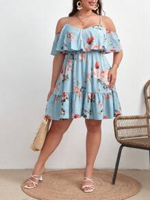 SHEIN VCAY Plus Floral Print Cold Shoulder Ruffle Hem Summer Boho Dress,Beach Dress Sundress,Holiday Outfits - Baby Blue - View 5