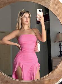 Sweetina Ruched Asymmetrical Hem Tube Pink Dress - Pink - View 2