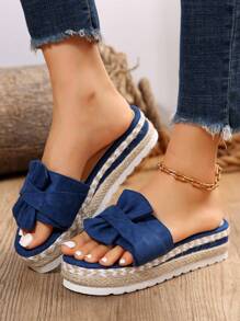 新款女式時尚楔形跟厚底舒適拖鞋，黑色 - 藍色 - 查看 1