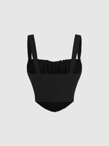 SHEIN MOD 胸部褶皺前繫帶吊帶上衣 - 黑色 - 查看 2