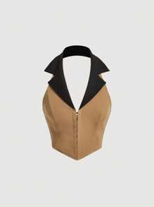 SHEIN MOD Two Tone Hook And Eye Front Halter Top - Camel - View 1