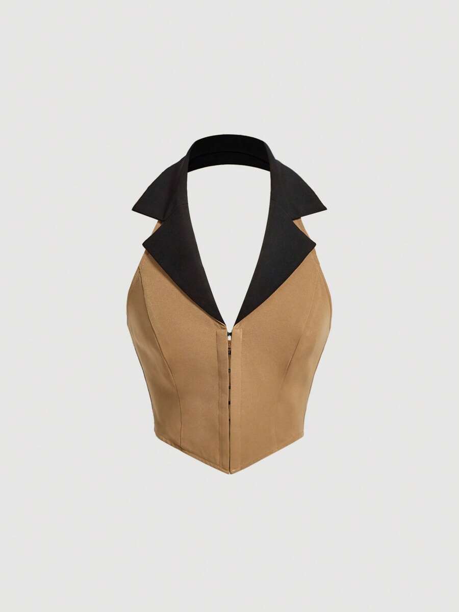 SHEIN MOD Two Tone Hook And Eye Front Halter Top - Camel - View 1